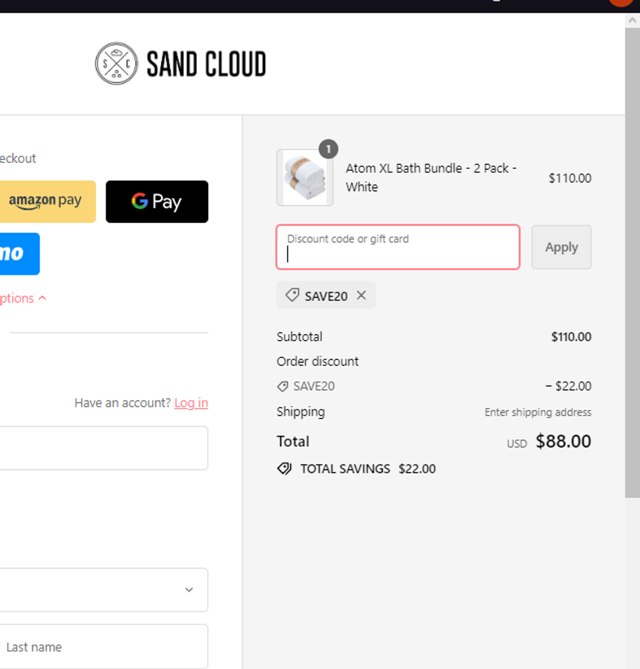 Sandcloud checkout page showing Sandcloud coupon code box | Screenshot taken by SimplyCodes community member on Feb 29, 2024