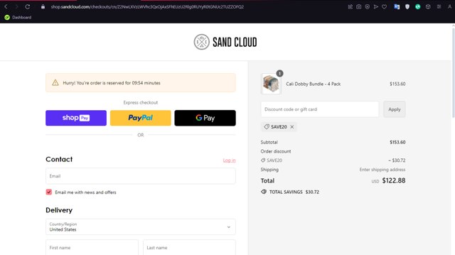 Sandcloud checkout page showing Sandcloud coupon code box | Screenshot taken by SimplyCodes community member on May 9, 2024