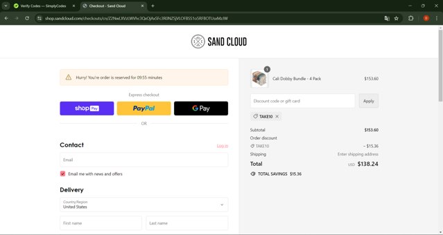 Sandcloud checkout page showing Sandcloud coupon code box | Screenshot taken by SimplyCodes community member on Apr 24, 2024