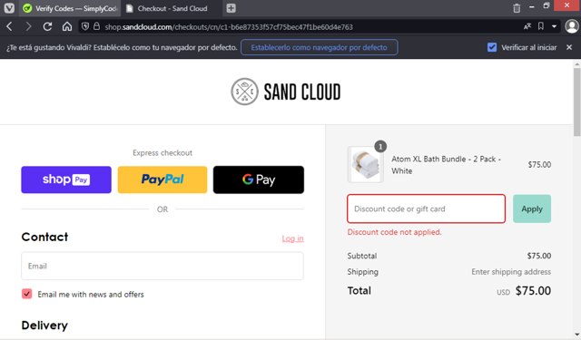 Sandcloud checkout page showing Sandcloud coupon code box | Screenshot taken by SimplyCodes community member on Apr 7, 2024