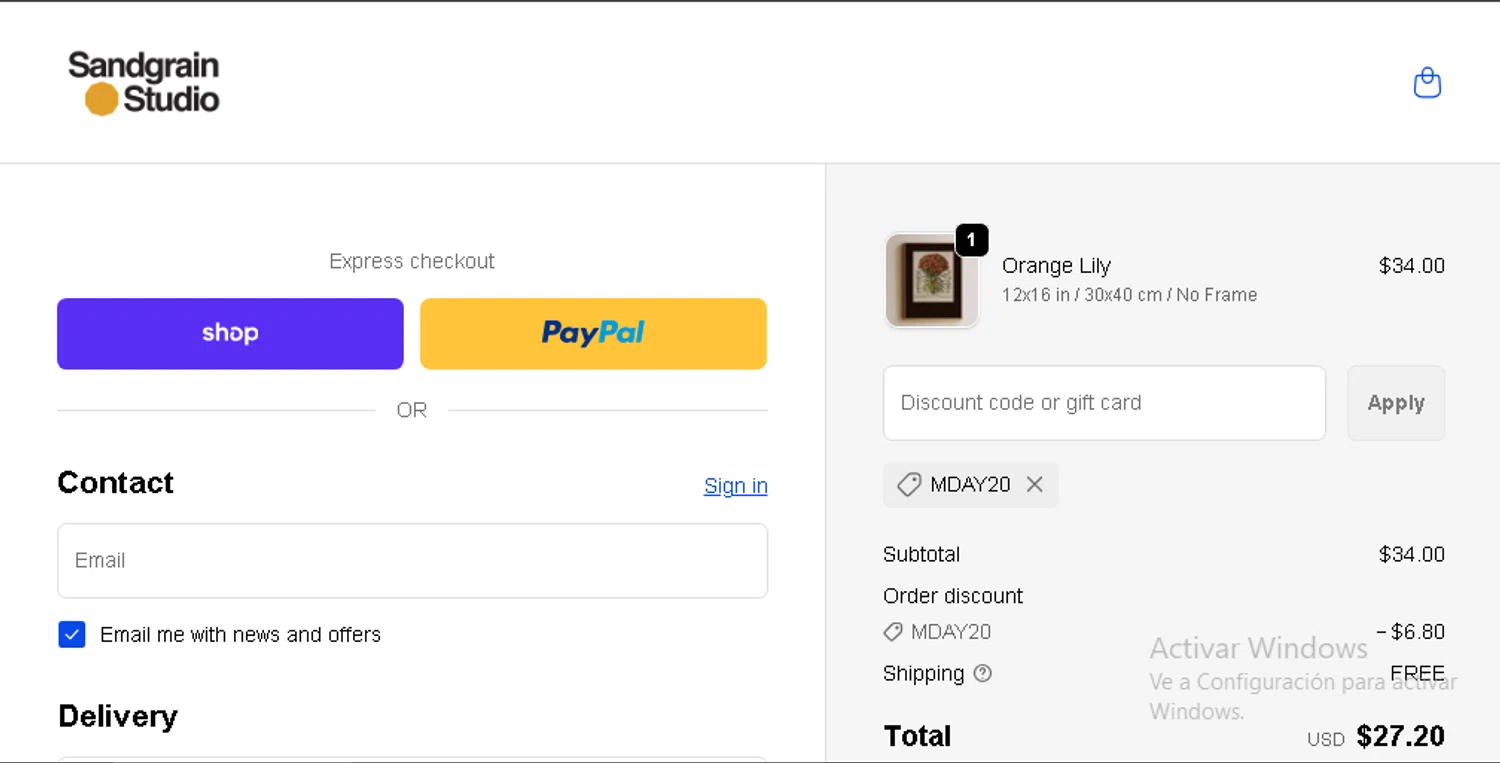 Sandgrain Studio promo code screenshot showing code MDAY20 applied at Sandgrain Studio checkout page. Uploaded by SimplyCodes community member elchino08 on Dec 29, 2025