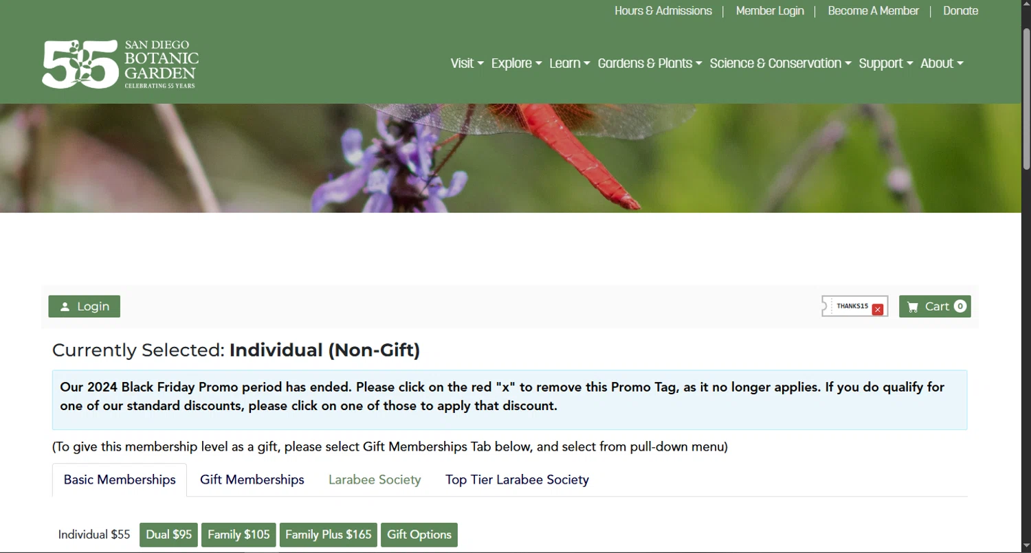 San Diego Botanic Garden checkout page showing San Diego Botanic Garden promo code box | Screenshot taken by SimplyCodes community member on Jun 22, 2025