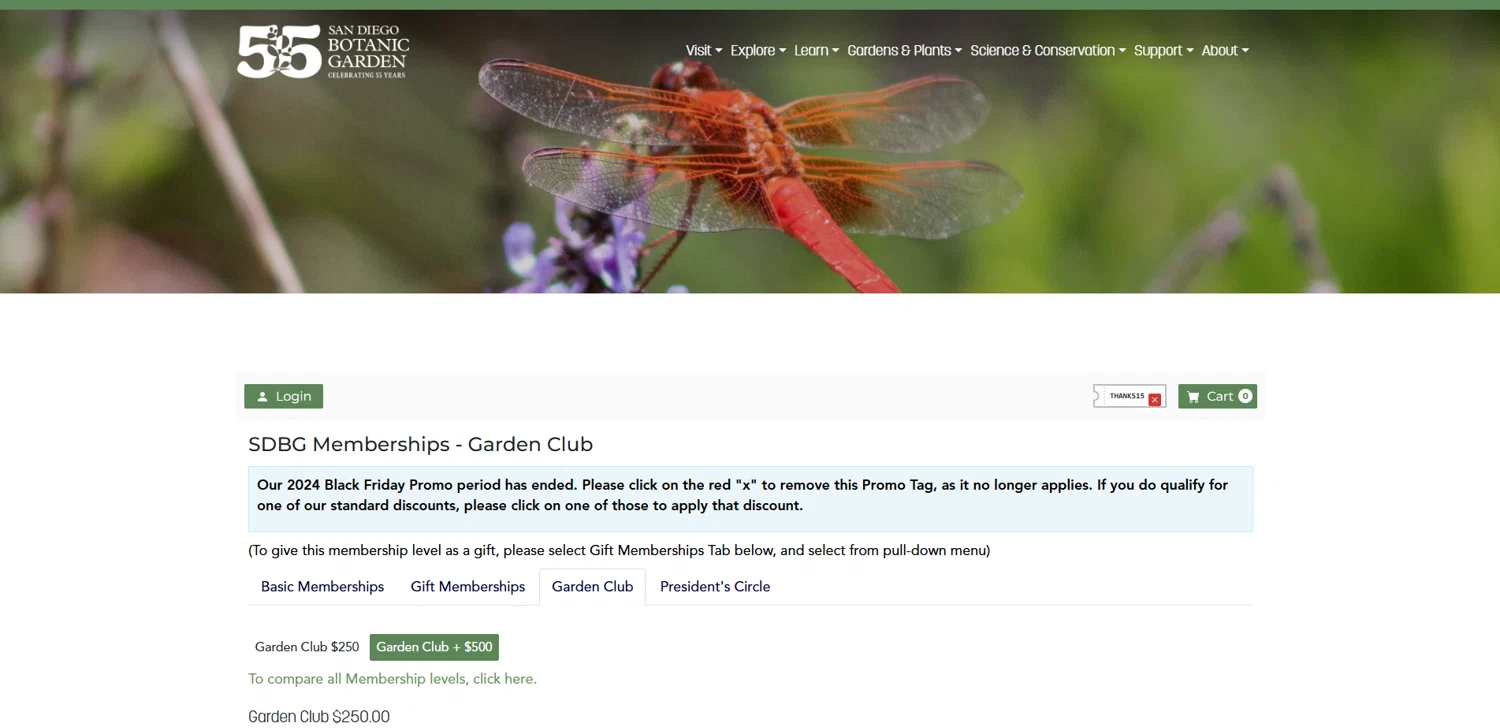 San Diego Botanic Garden promo code screenshot showing code THANKS15 applied at San Diego Botanic Garden checkout page. Uploaded by SimplyCodes community member Elosox on Oct 2, 2025