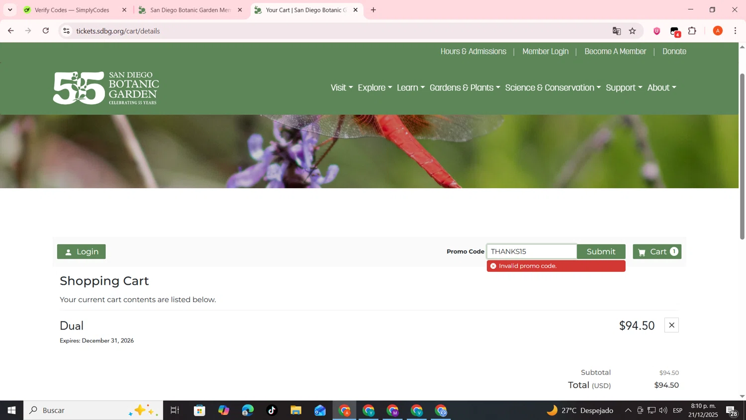 San Diego Botanic Garden promo code screenshot showing code THANKS15 applied at San Diego Botanic Garden checkout page. Uploaded by SimplyCodes community member FrugalSentinel6206 on Dec 22, 2025