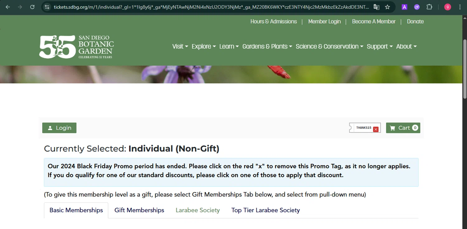 San Diego Botanic Garden checkout page showing San Diego Botanic Garden promo code box | Screenshot taken by SimplyCodes community member on Sep 3, 2025