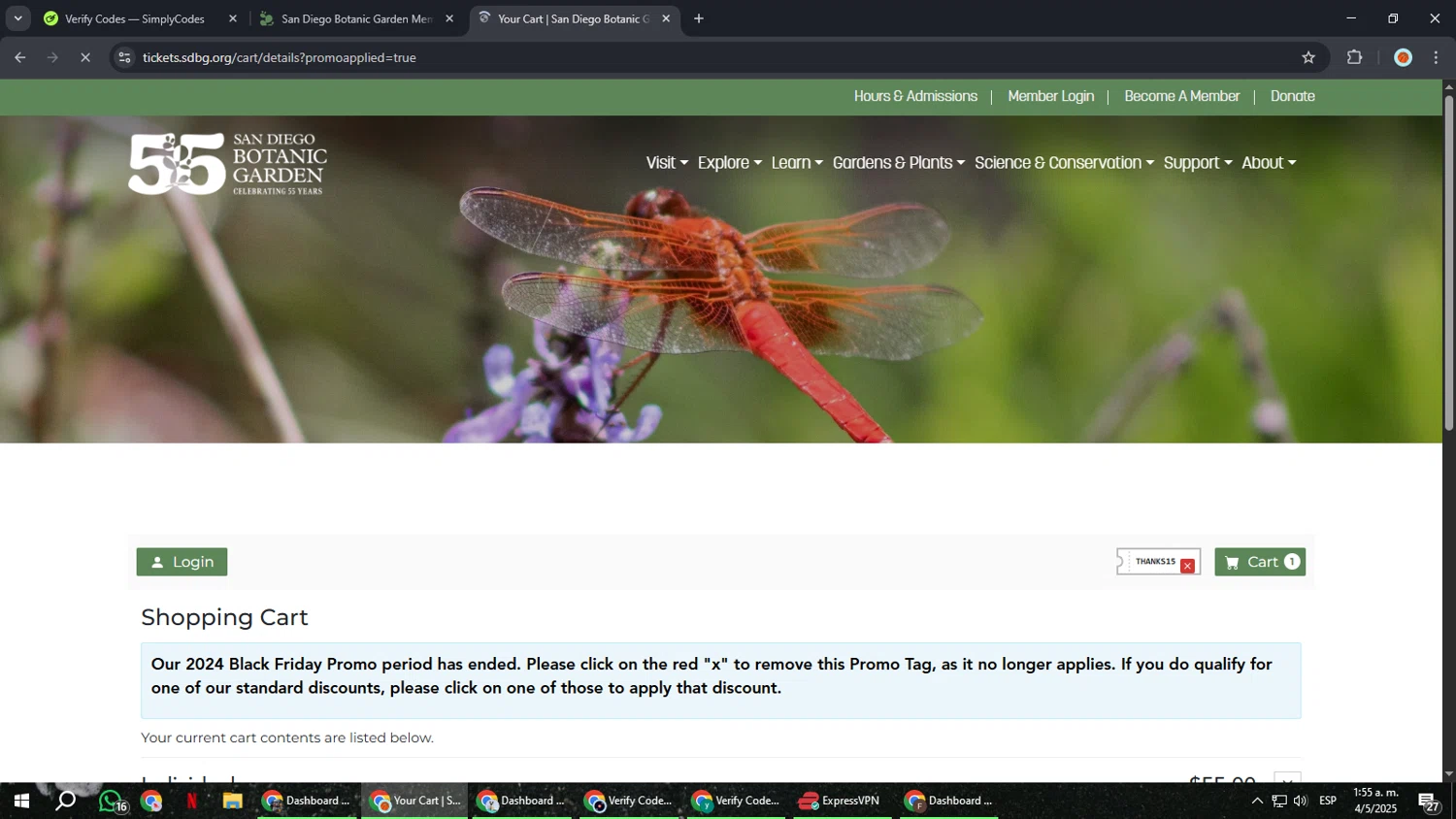 San Diego Botanic Garden checkout page showing San Diego Botanic Garden promo code box | Screenshot taken by SimplyCodes community member on May 4, 2025