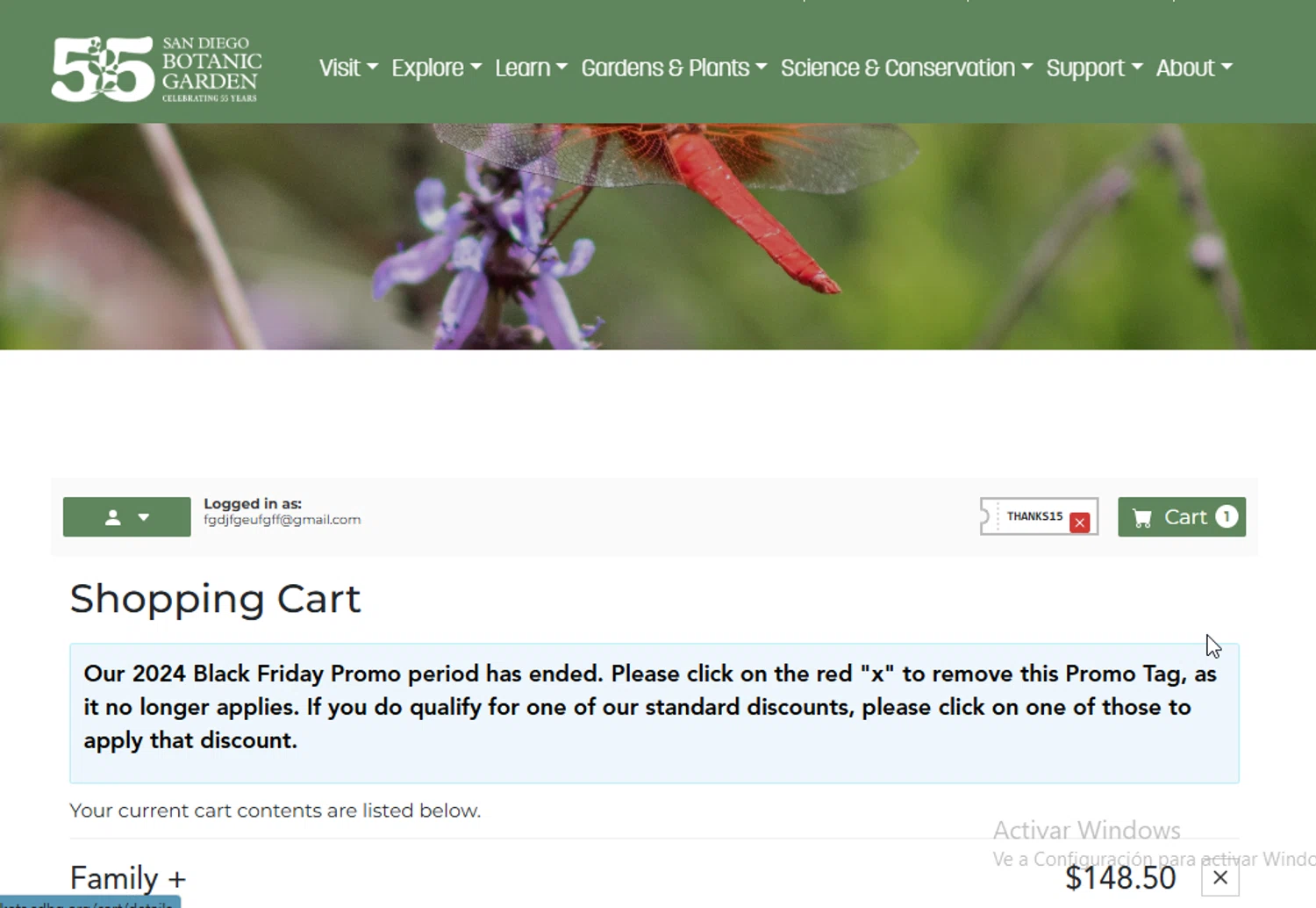 San Diego Botanic Garden promo code screenshot showing code THANKS15 applied at San Diego Botanic Garden checkout page. Uploaded by SimplyCodes community member VictoriousElite9587 on Oct 2, 2025