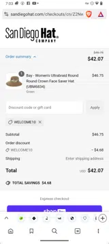 WELCOME10 coupon verification screenshot