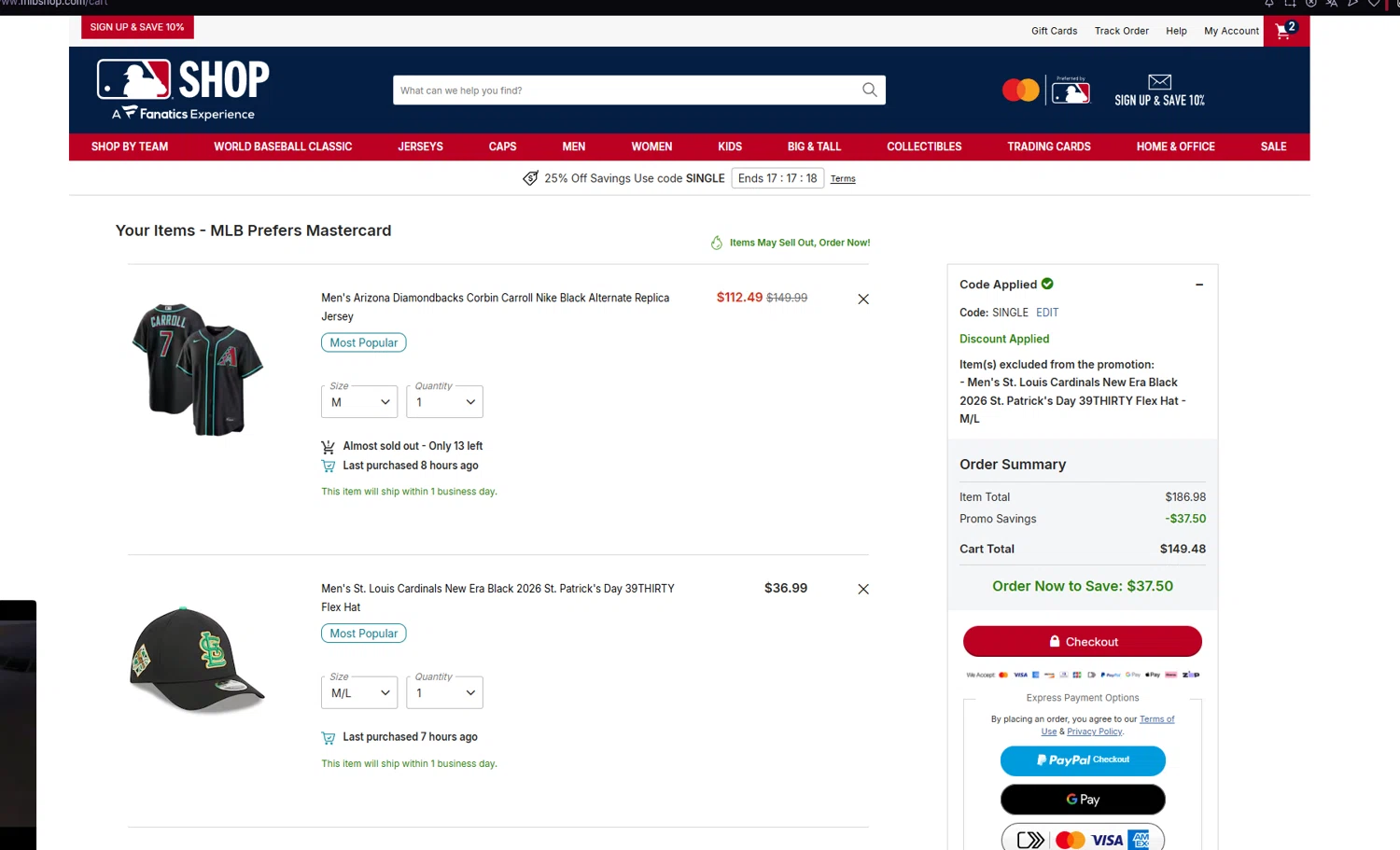 San Diego Padres promo code screenshot showing code SINGLE applied at San Diego Padres checkout page. Uploaded by SimplyCodes community member Halanweik on Feb 27, 2026