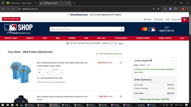 San Diego Padres checkout page showing San Diego Padres promo code box | Screenshot taken by SimplyCodes community member on Sep 10, 2025