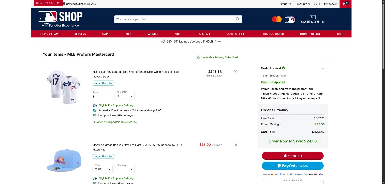 San Diego Padres checkout page showing San Diego Padres promo code box | Screenshot taken by SimplyCodes community member on Jan 15, 2026