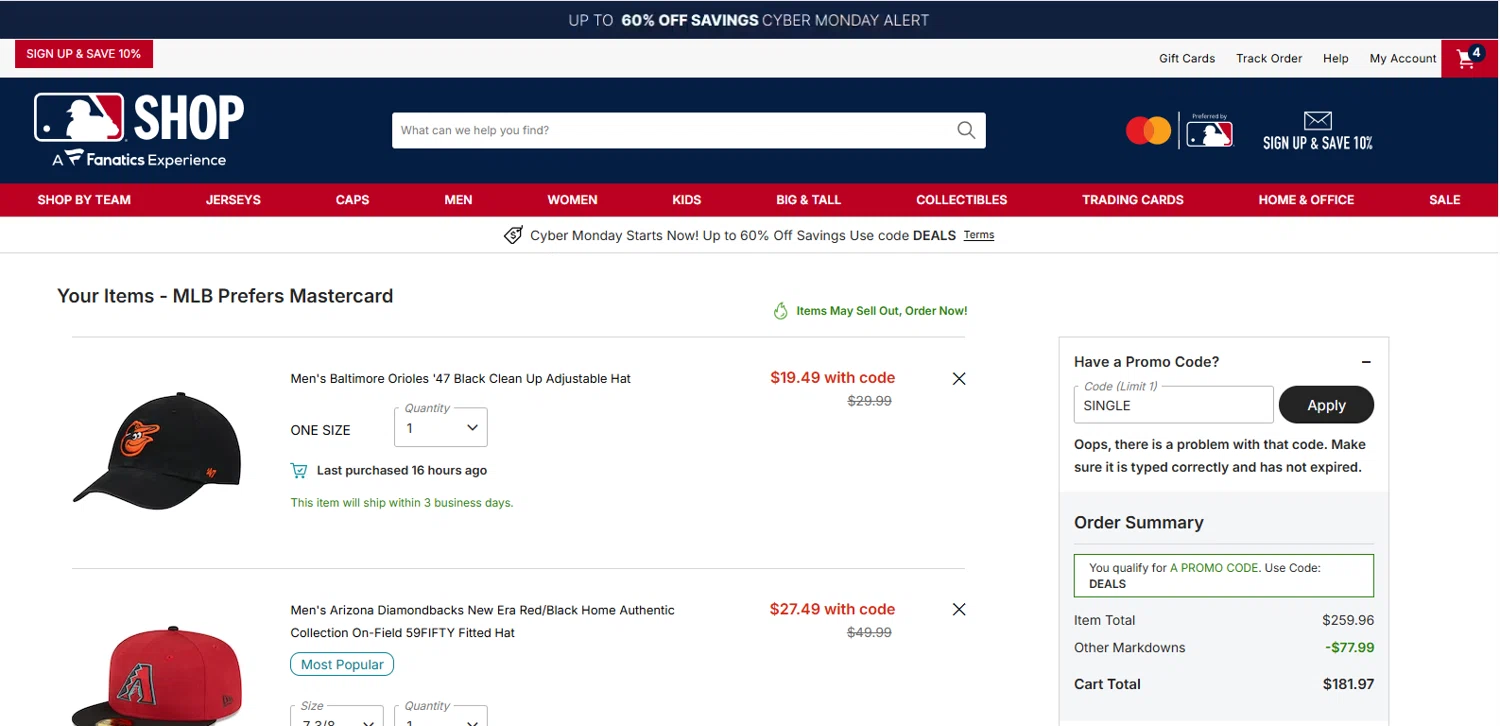San Diego Padres promo code screenshot showing code SINGLE applied at San Diego Padres checkout page. Uploaded by SimplyCodes community member TOTONEROFL on Nov 30, 2025