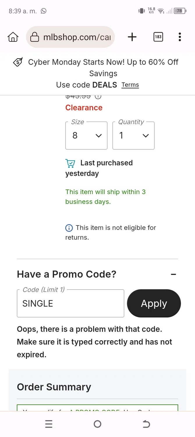 San Diego Padres promo code screenshot showing code SINGLE applied at San Diego Padres checkout page. Uploaded by SimplyCodes community member Typer19 on Nov 30, 2025