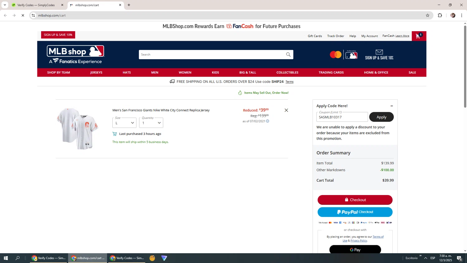 San Diego Padres promo code screenshot showing code SASMLB10317 applied at San Diego Padres checkout page. Uploaded by SimplyCodes community member Levi_Ackerman on Mar 12, 2025