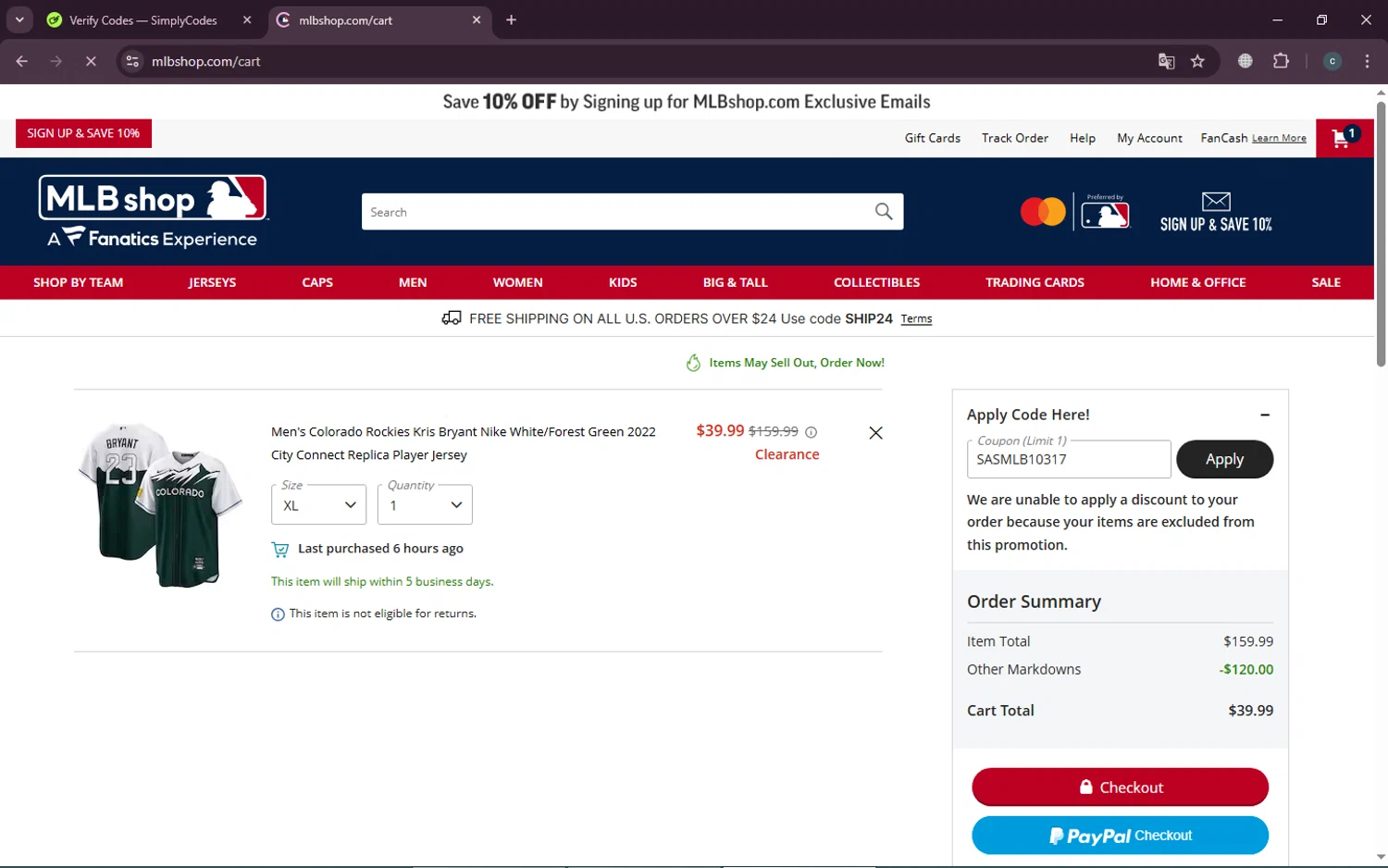 San Diego Padres promo code screenshot showing code SASMLB10317 applied at San Diego Padres checkout page. Uploaded by SimplyCodes community member TokenTiger248 on Mar 12, 2025
