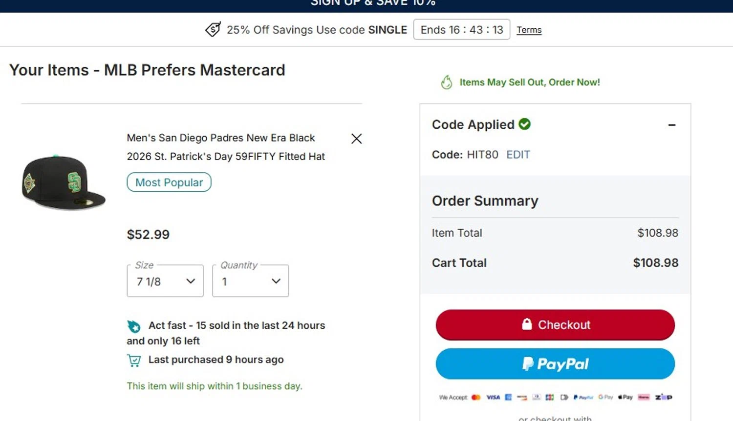 San Diego Padres checkout page showing San Diego Padres promo code box | Screenshot taken by SimplyCodes community member on Feb 21, 2026