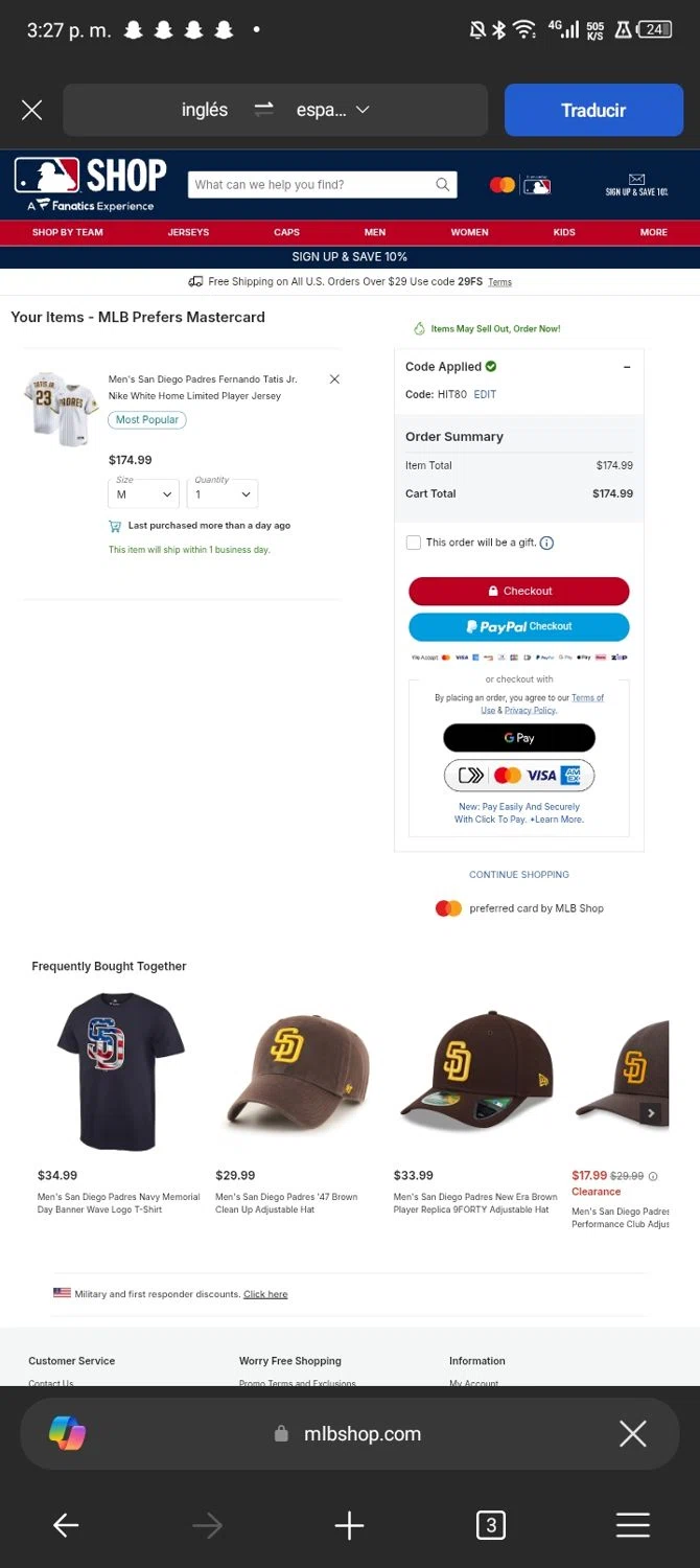 San Diego Padres checkout page showing San Diego Padres promo code box | Screenshot taken by SimplyCodes community member on Jan 8, 2026