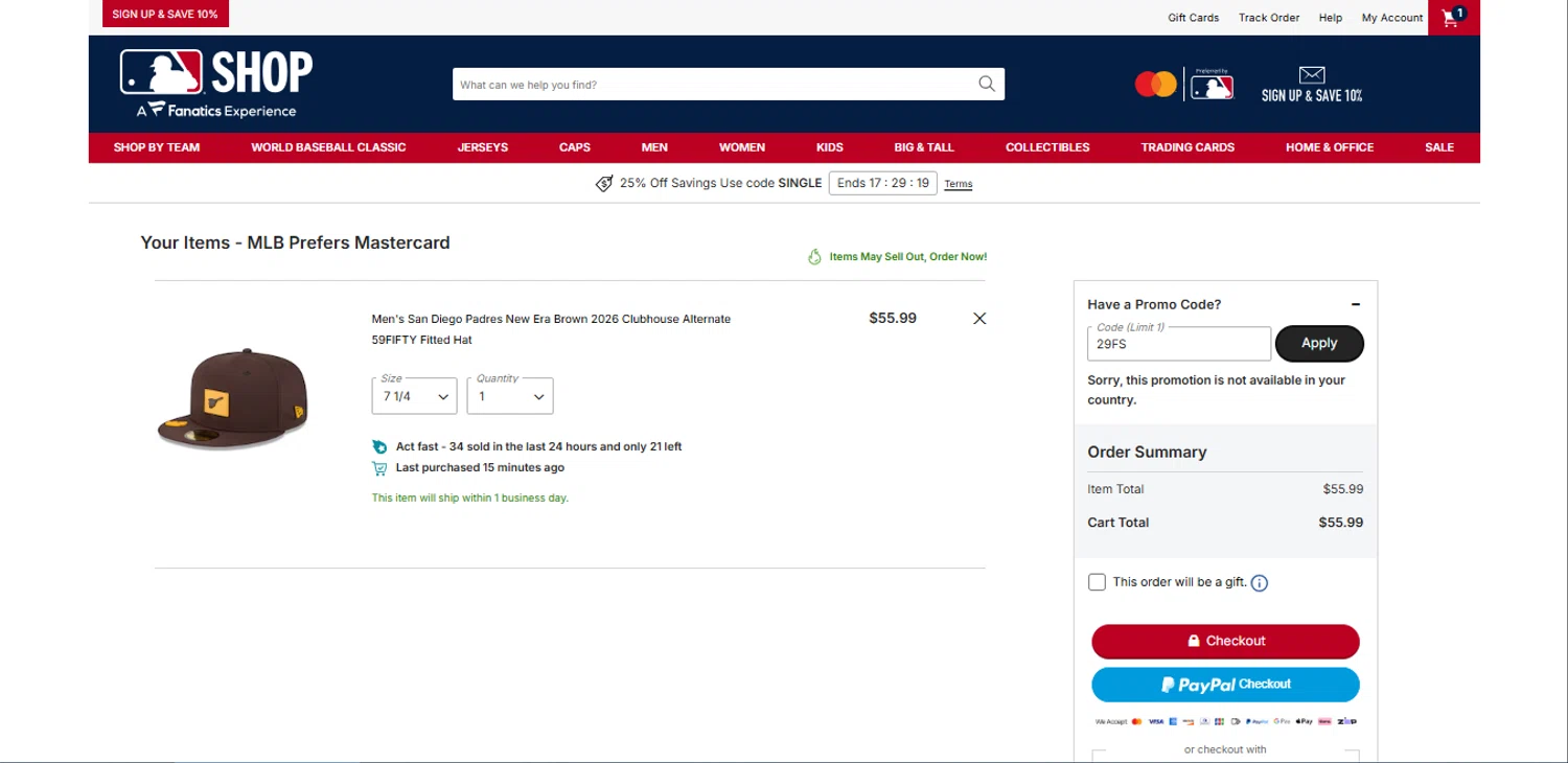 San Diego Padres checkout page showing San Diego Padres promo code box | Screenshot taken by SimplyCodes community member on Feb 24, 2026