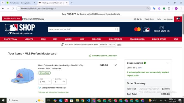 San Diego Padres checkout page showing San Diego Padres promo code box | Screenshot taken by SimplyCodes community member on Oct 3, 2025