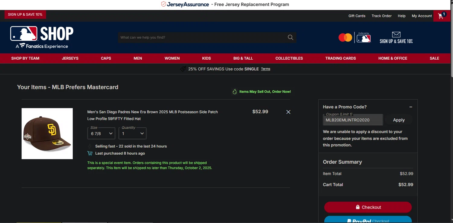 San Diego Padres promo code screenshot showing code MLB20EMLINTRO2020 applied at San Diego Padres checkout page. Uploaded by SimplyCodes community member TreasureMaestro5413 on Sep 25, 2025