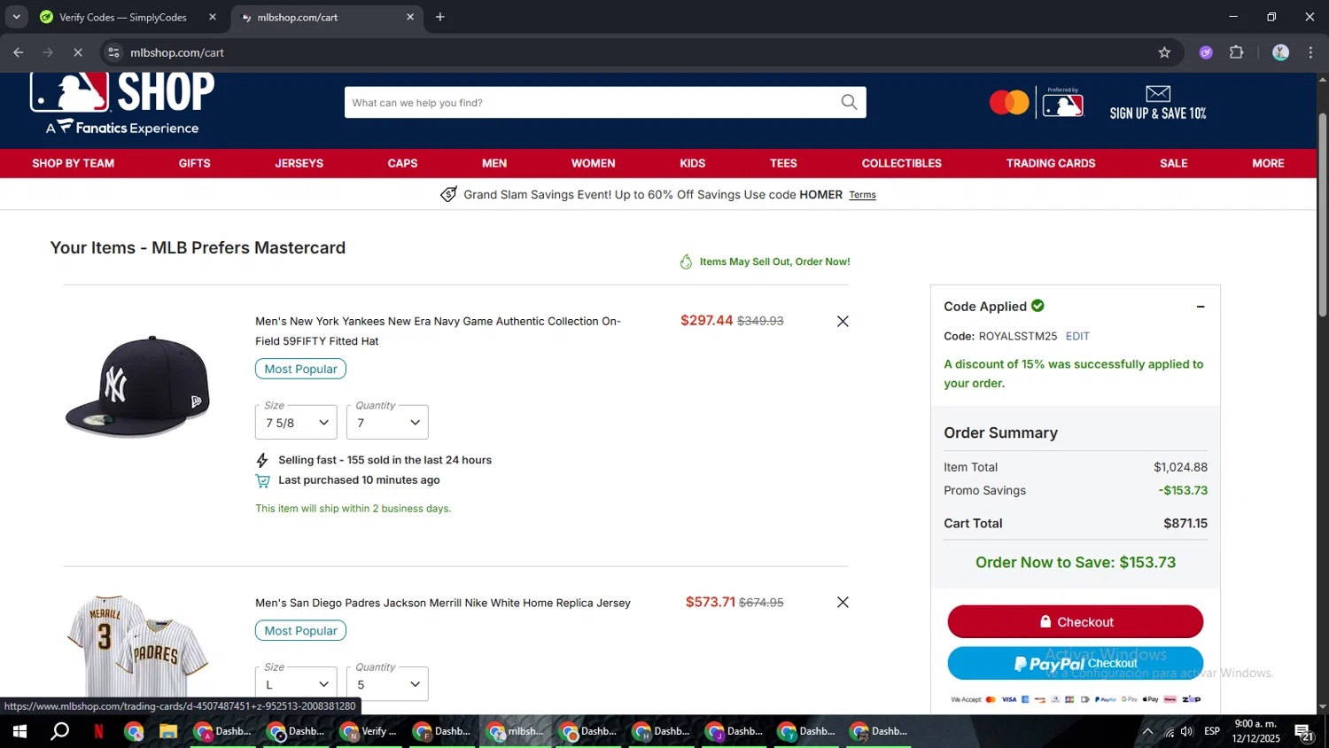 San Diego Padres promo code screenshot showing code ROYALSSTM25 applied at San Diego Padres checkout page. Uploaded by SimplyCodes community member ShrewdSeeker6165 on Dec 12, 2025