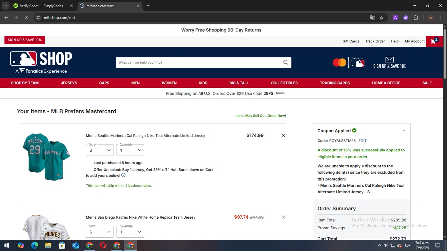 San Diego Padres promo code screenshot showing code ROYALSSTM25 applied at San Diego Padres checkout page. Uploaded by SimplyCodes community member elbicho22 on Sep 7, 2025