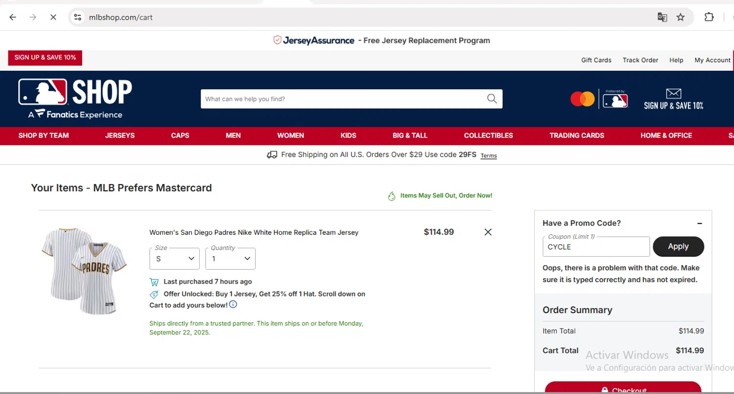 San Diego Padres promo code screenshot showing code CYCLE applied at San Diego Padres checkout page. Uploaded by SimplyCodes community member Bel0610 on Sep 21, 2025