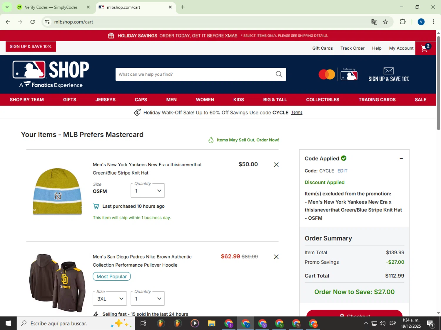 San Diego Padres promo code screenshot showing code CYCLE applied at San Diego Padres checkout page. Uploaded by SimplyCodes community member Garou_Y2K on Dec 19, 2025