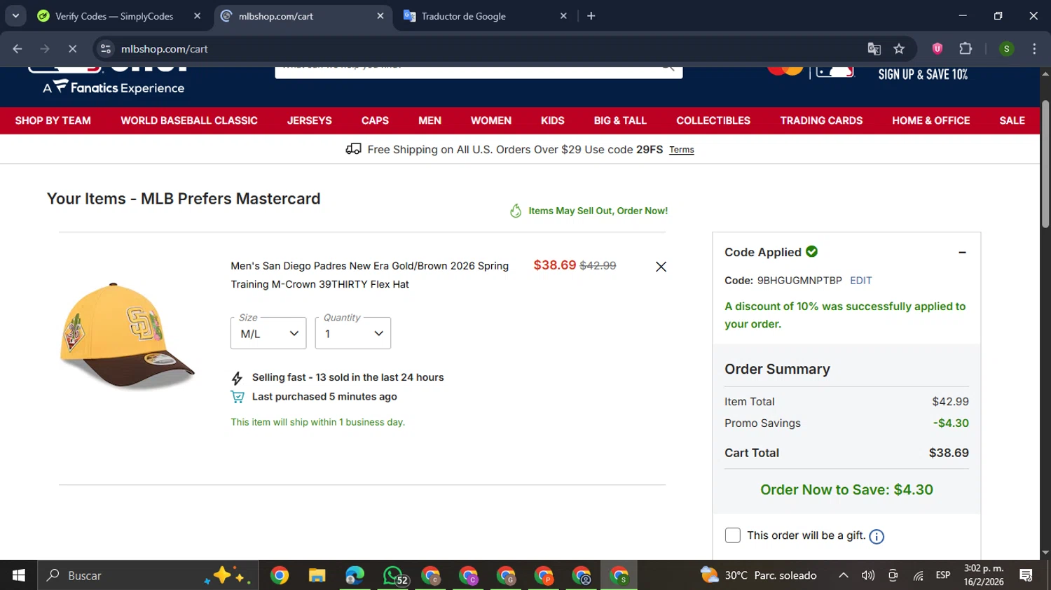 San Diego Padres checkout page showing San Diego Padres promo code box | Screenshot taken by SimplyCodes community member on Feb 16, 2026