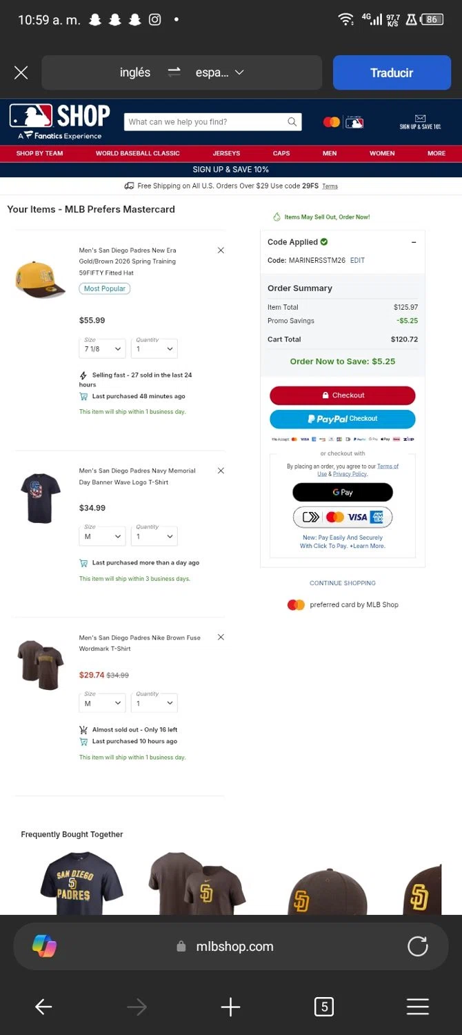 San Diego Padres checkout page showing San Diego Padres promo code box | Screenshot taken by SimplyCodes community member on Feb 22, 2026