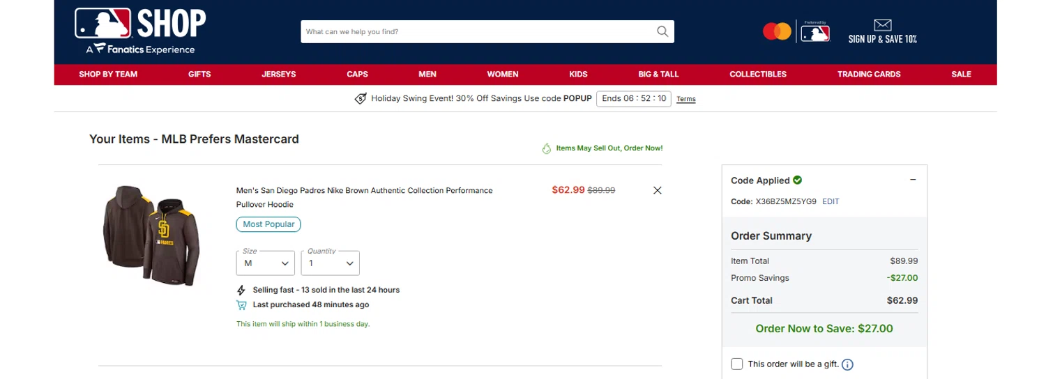 San Diego Padres promo code screenshot showing code X36BZ5MZ5YG9 applied at San Diego Padres checkout page. Uploaded by SimplyCodes community member OnlywM on Dec 18, 2025