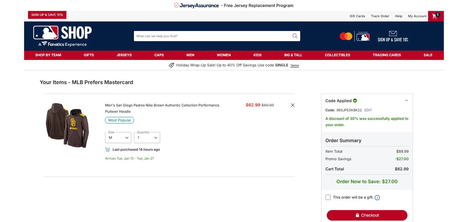 San Diego Padres promo code screenshot showing code 965JPE5K8K22 applied at San Diego Padres checkout page. Uploaded by SimplyCodes community member OnlywM on Dec 26, 2025