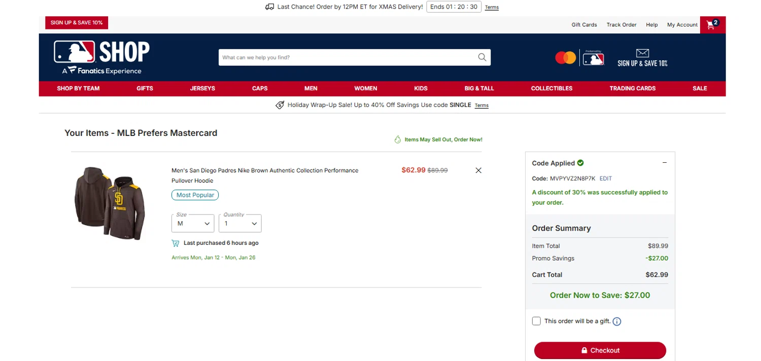 San Diego Padres promo code screenshot showing code MVPYVZ2N8P7K applied at San Diego Padres checkout page. Uploaded by SimplyCodes community member OnlywM on Dec 22, 2025