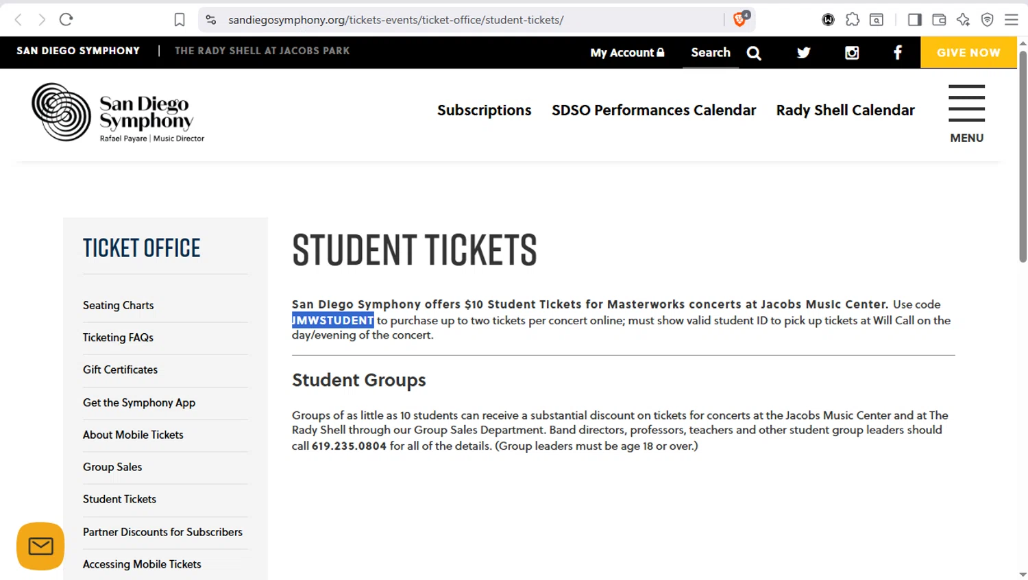 San Diego Symphony promo code screenshot showing code JMWSTUDENT applied at San Diego Symphony checkout page. Uploaded by SimplyCodes community member dayselis15 on Oct 15, 2025