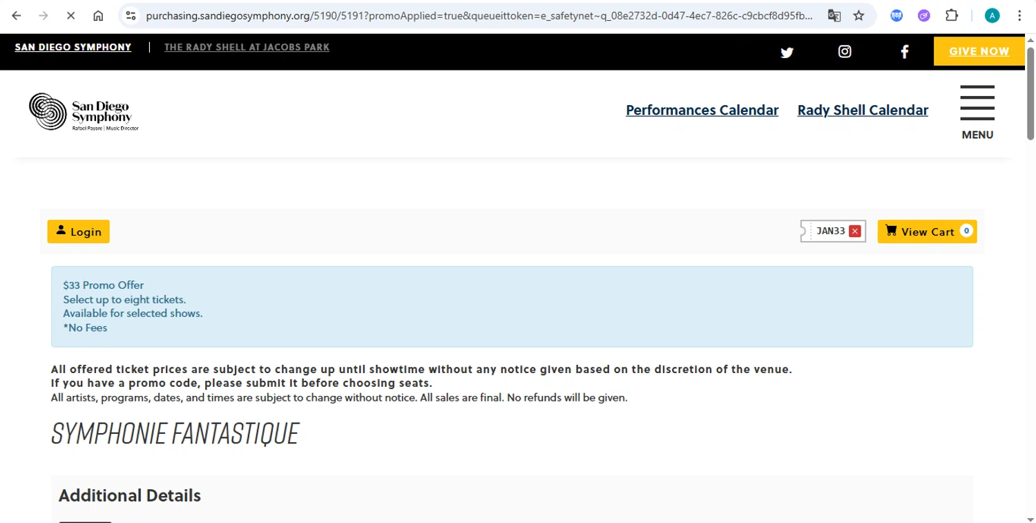 San Diego Symphony promo code screenshot showing code JAN33 applied at San Diego Symphony checkout page. Uploaded by SimplyCodes community member AlexSierra on Sep 23, 2025