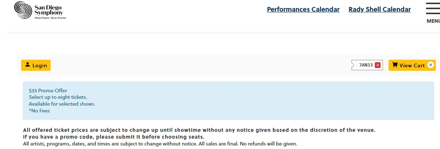 San Diego Symphony promo code screenshot showing code JAN33 applied at San Diego Symphony checkout page. Uploaded by SimplyCodes community member Dejadepicharme on Oct 22, 2025