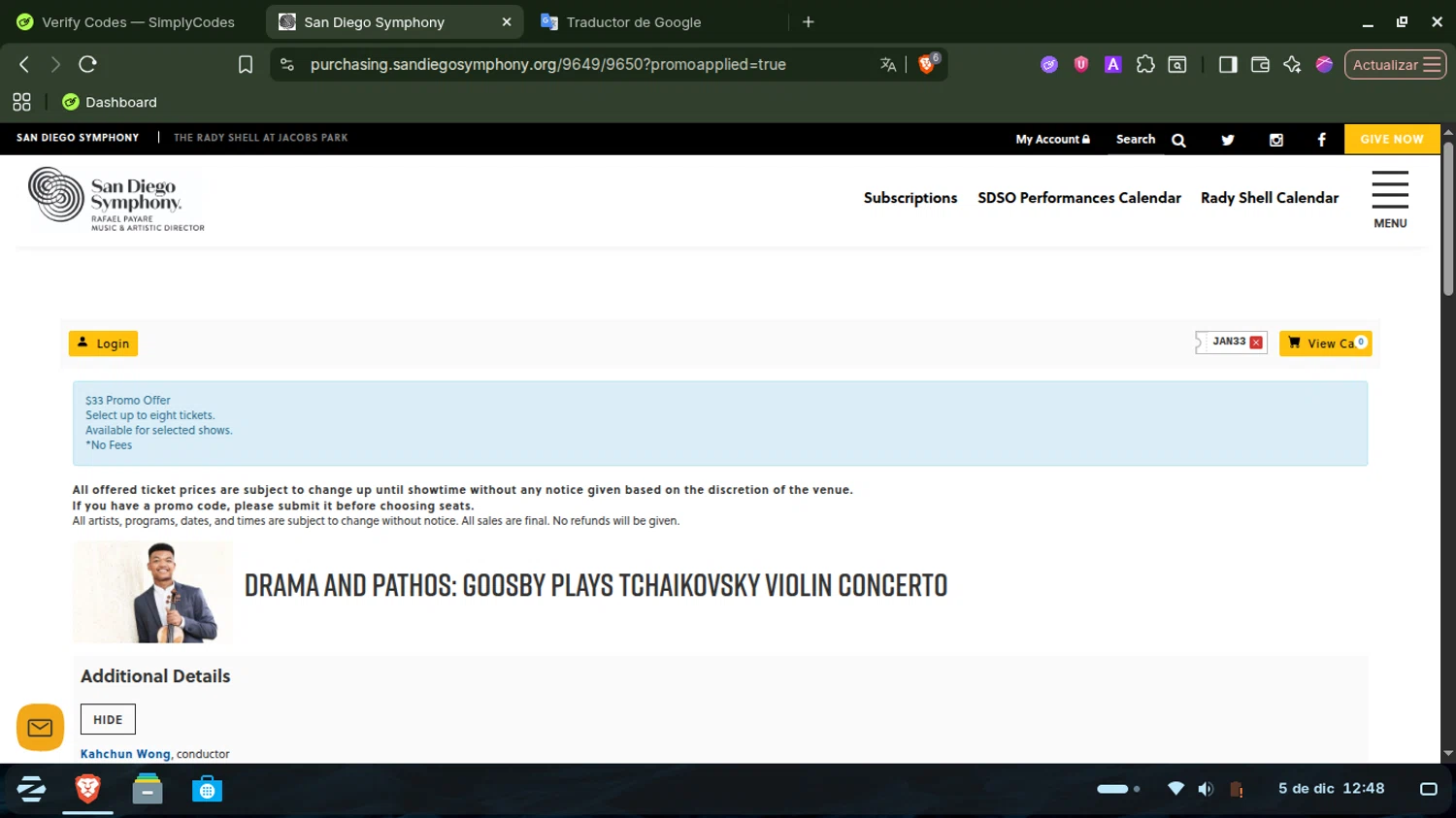 San Diego Symphony promo code screenshot showing code JAN33 applied at San Diego Symphony checkout page. Uploaded by SimplyCodes community member TokenTitan4464 on Dec 5, 2025