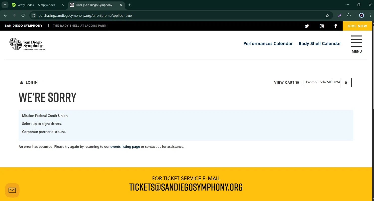 San Diego Symphony promo code screenshot showing code MFCU24 applied at San Diego Symphony checkout page. Uploaded by SimplyCodes community member Bernard_Lowe on May 4, 2025