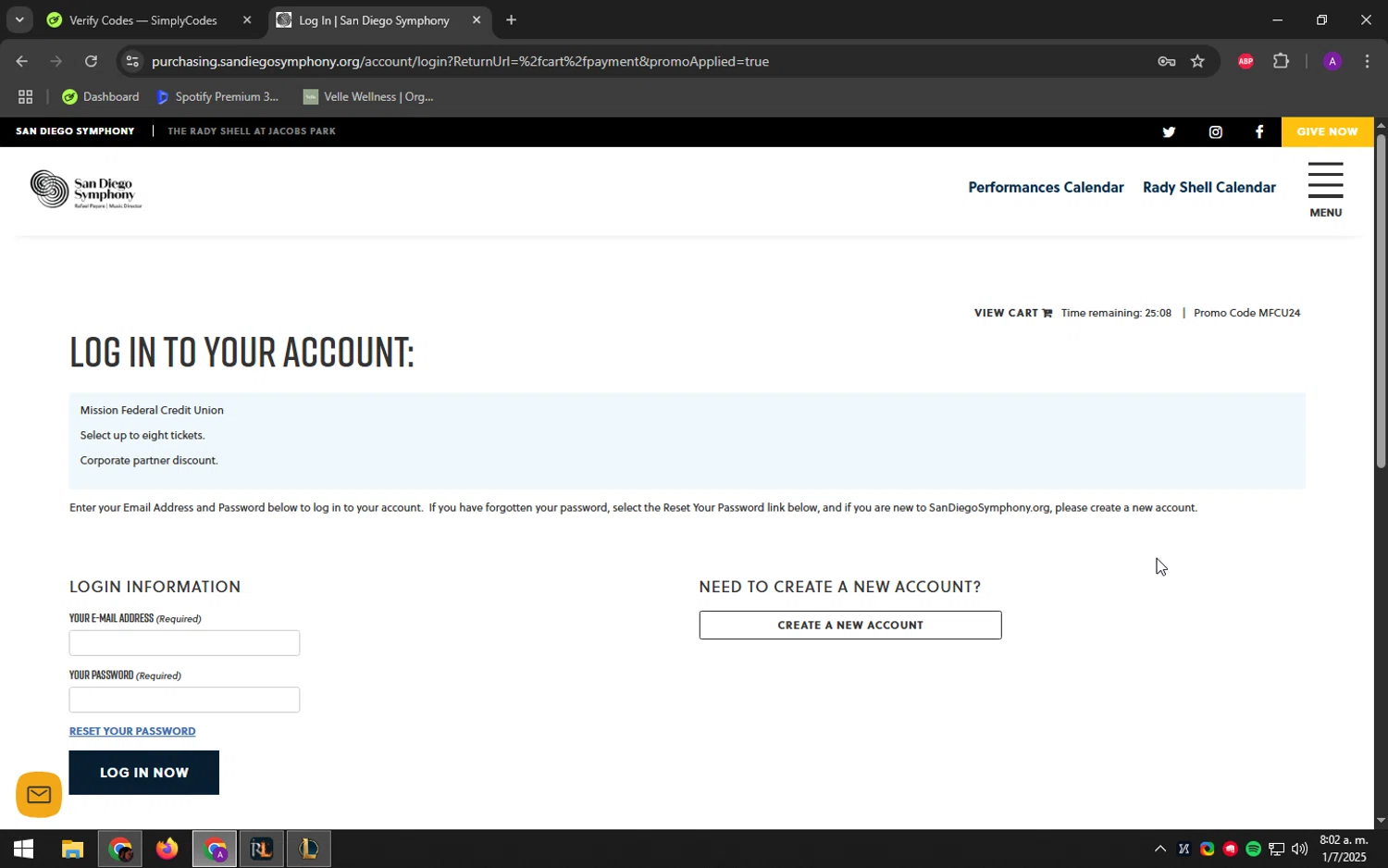 San Diego Symphony promo code screenshot showing code MFCU24 applied at San Diego Symphony checkout page. Uploaded by SimplyCodes community member DeathBone on Jul 1, 2025