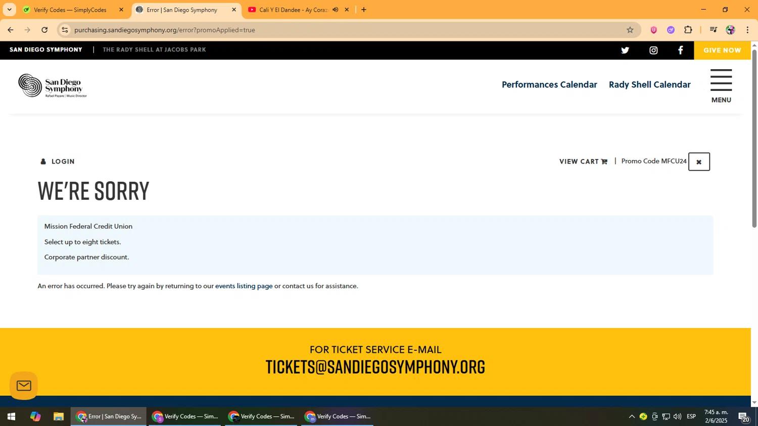 San Diego Symphony promo code screenshot showing code MFCU24 applied at San Diego Symphony checkout page. Uploaded by SimplyCodes community member Vanmanuel on Jun 2, 2025