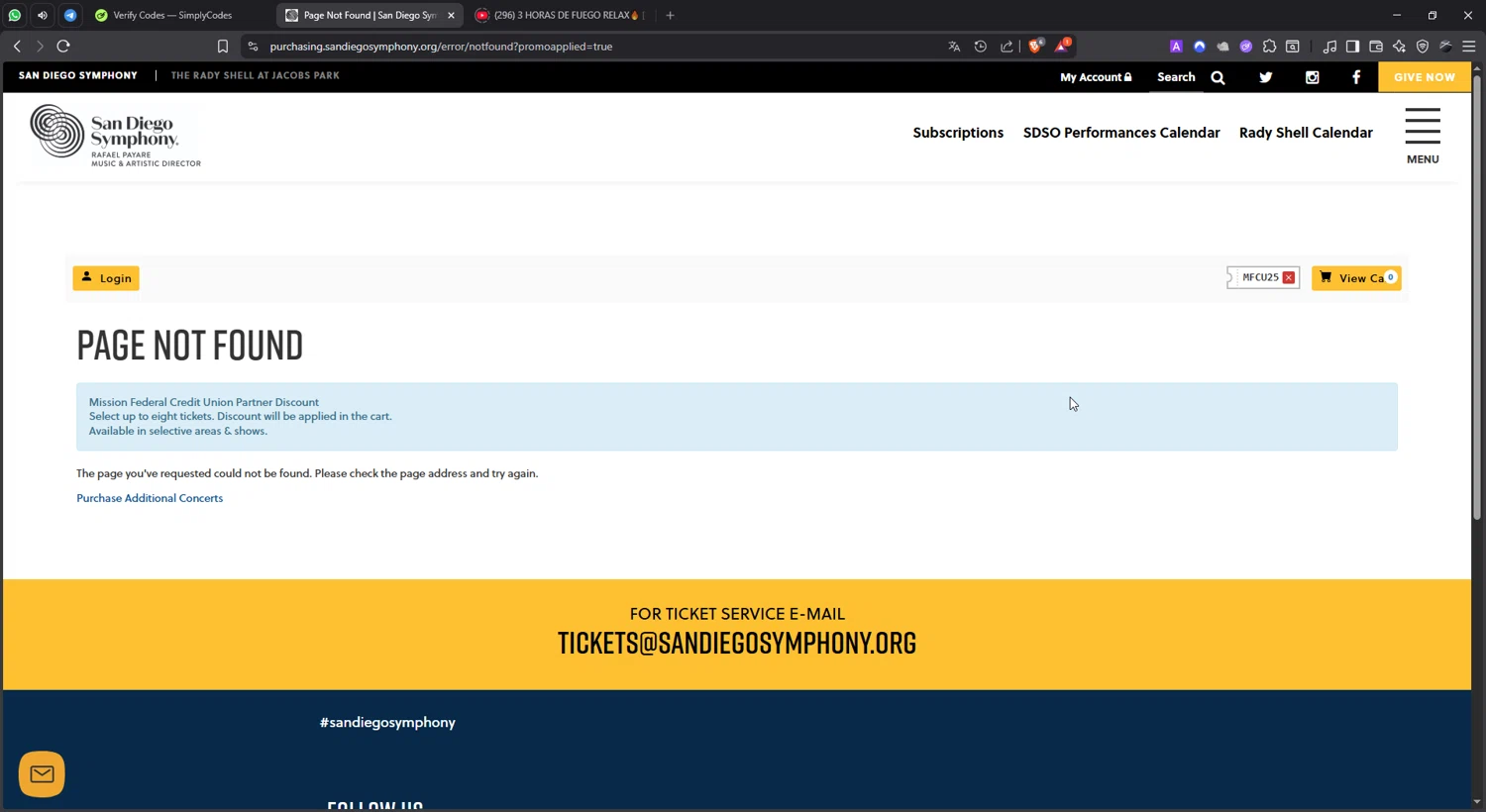 San Diego Symphony promo code screenshot showing code MFCU25 applied at San Diego Symphony checkout page. Uploaded by SimplyCodes community member lisethchirino on Dec 4, 2025