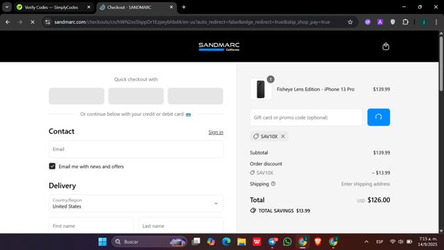 Sandmarc checkout page showing Sandmarc discount code box | Screenshot taken by SimplyCodes community member on Sep 14, 2025