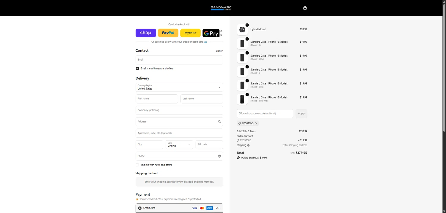 Sandmarc promo code screenshot showing code 9TO5TOYS applied at Sandmarc checkout page. Uploaded by SimplyCodes community member EpicLegend237 on Feb 1, 2026