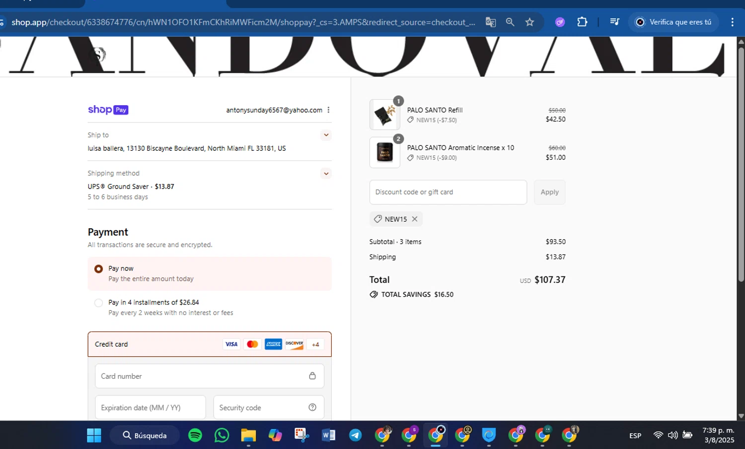 Sandoval promo code screenshot showing code NEW15 applied at Sandoval checkout page. Uploaded by SimplyCodes community member FrugalVirtuoso6318 on Aug 3, 2025