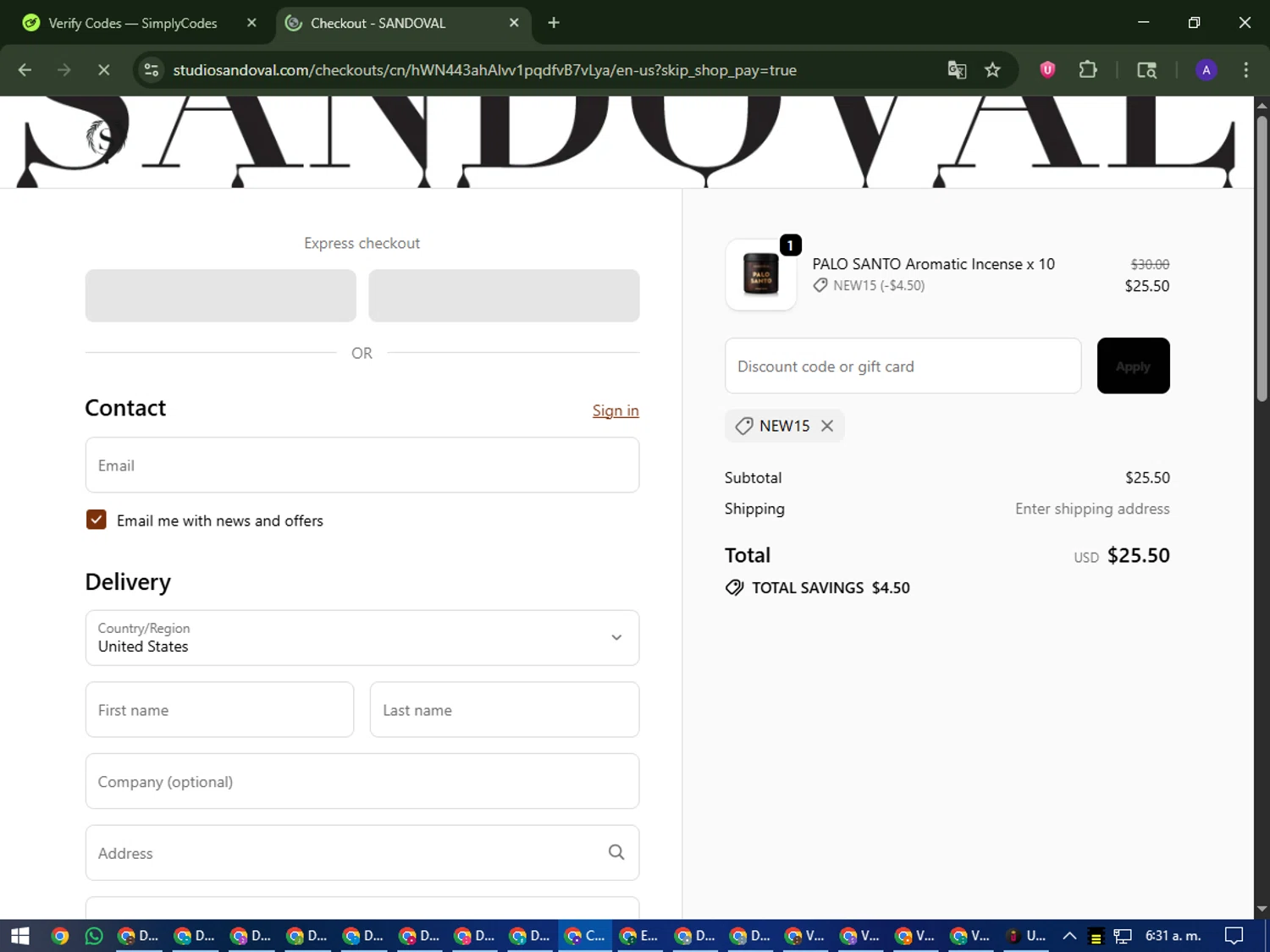 Sandoval promo code screenshot showing code NEW15 applied at Sandoval checkout page. Uploaded by SimplyCodes community member MagnificentWarden4603 on Oct 13, 2025