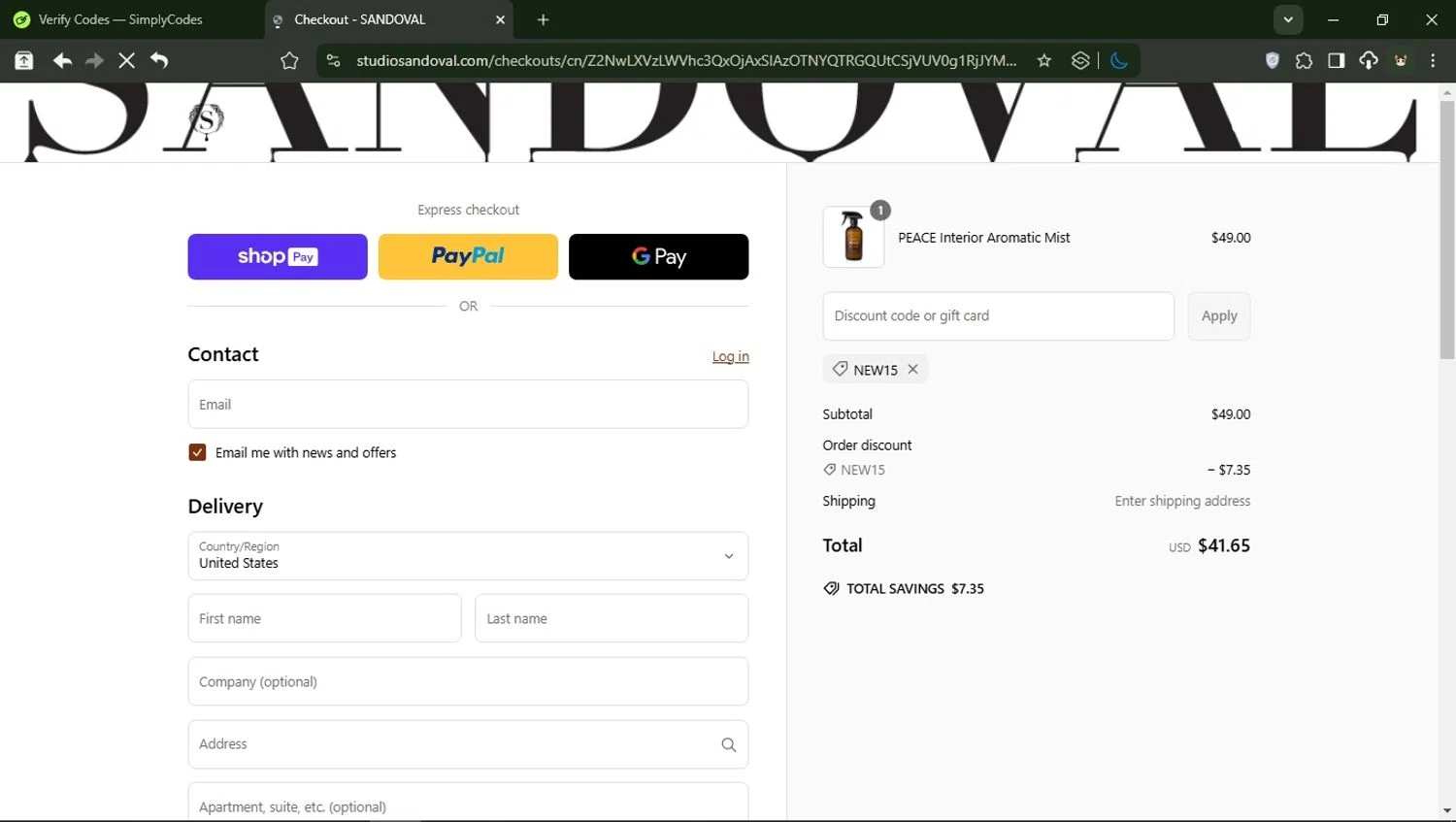 Sandoval promo code screenshot showing code NEW15 applied at Sandoval checkout page. Uploaded by SimplyCodes community member domain on Mar 11, 2025