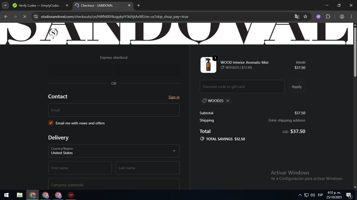 Sandoval promo code screenshot showing code WOOD25 applied at Sandoval checkout page. Uploaded by SimplyCodes community member SavingsMaven1223 on Oct 25, 2025