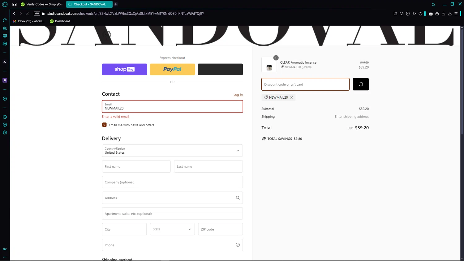 Sandoval promo code screenshot showing code NEWMAIL20 applied at Sandoval checkout page. Uploaded by SimplyCodes community member WonderPhoenix8283 on Feb 26, 2025
