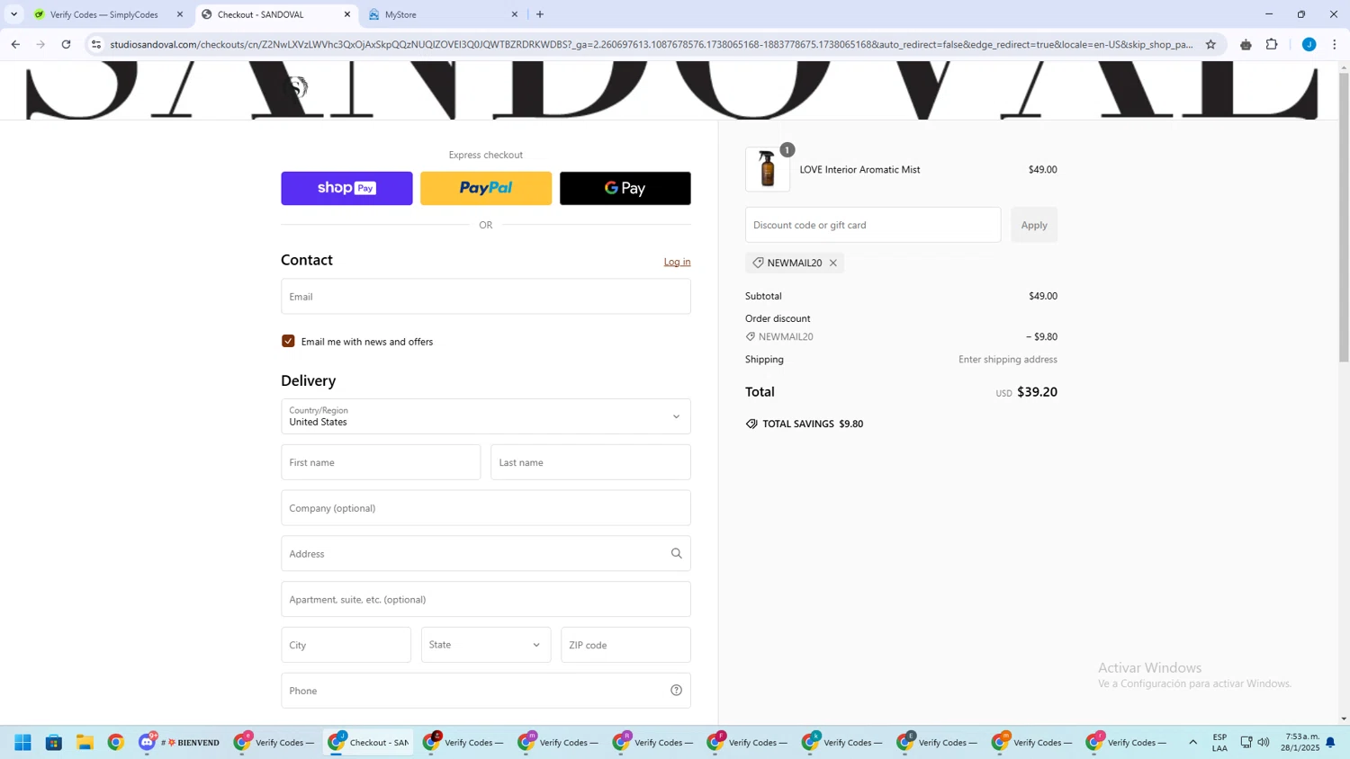 Sandoval promo code screenshot showing code NEWMAIL20 applied at Sandoval checkout page. Uploaded by SimplyCodes community member BargainGuardian280 on Jan 28, 2025