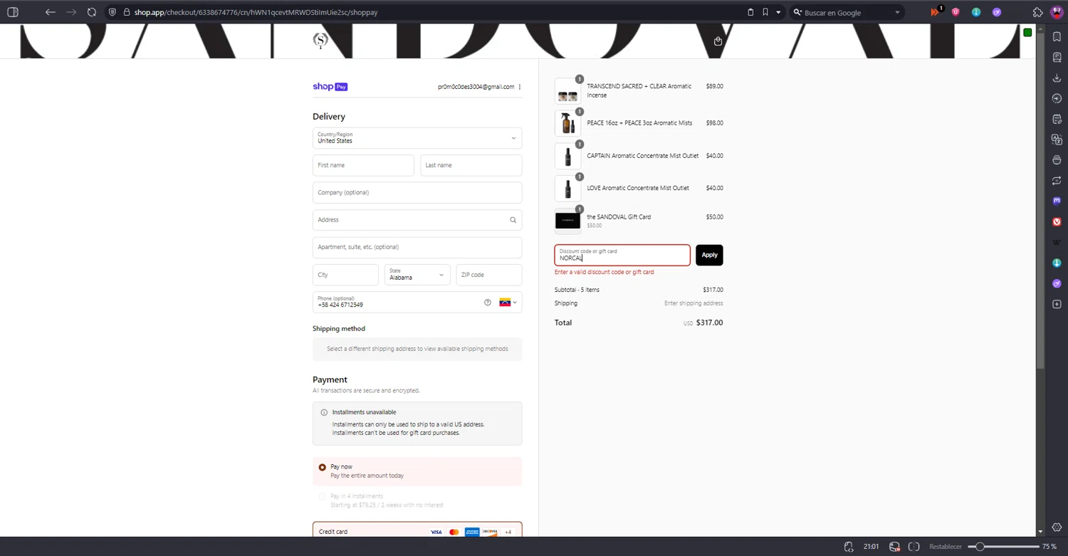 Sandoval promo code screenshot showing code NORCAL applied at Sandoval checkout page. Uploaded by SimplyCodes community member RINITOSHI on Aug 16, 2025
